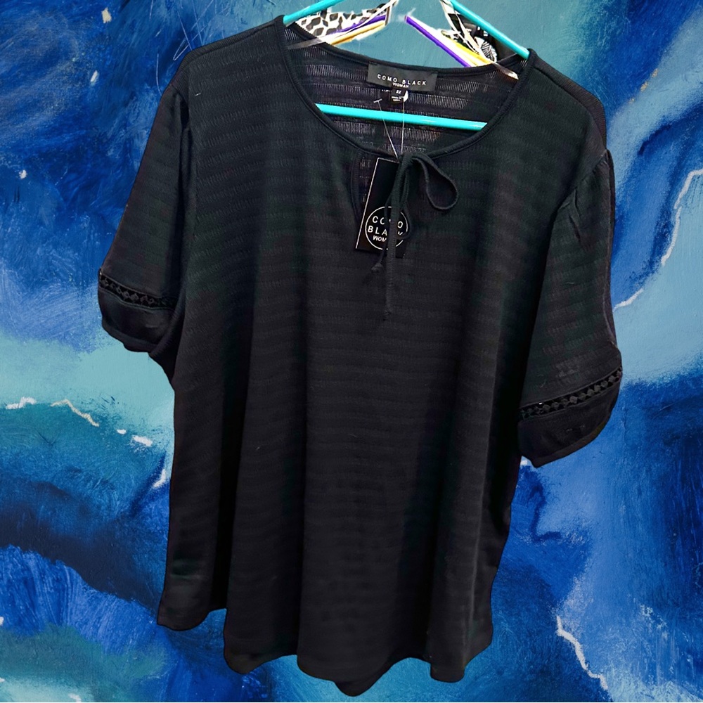 🆕Como Black Women’s plus-size Black Stretchy Puff-sleeve Crocet-lace Blouse💜3X